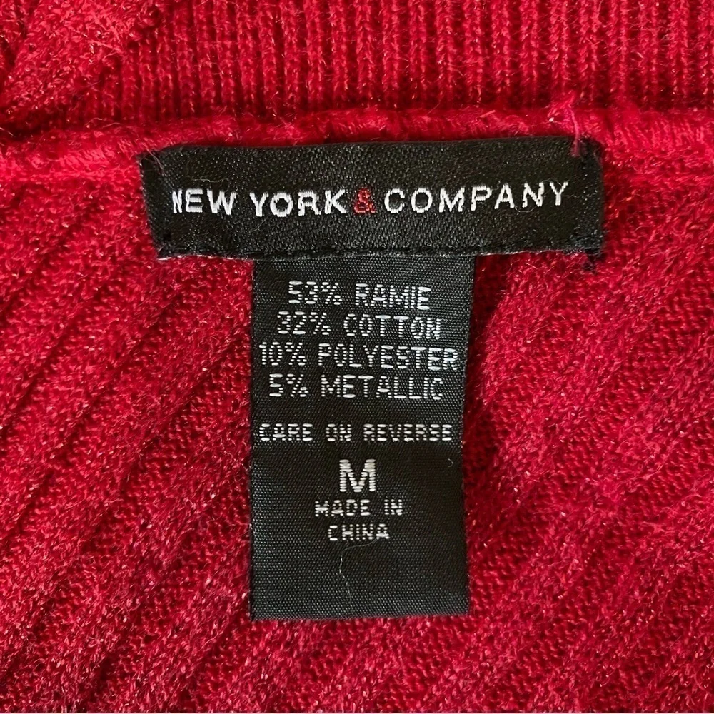 New York & Co woman's M red metallic sheen long sleeve Vneck knit ribbed sweater